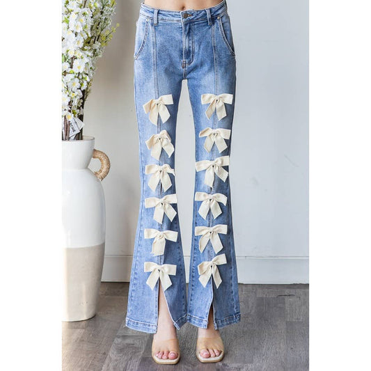 RIBBON DETAILED HIGH WAIST FLARE STRETCHY JEANS