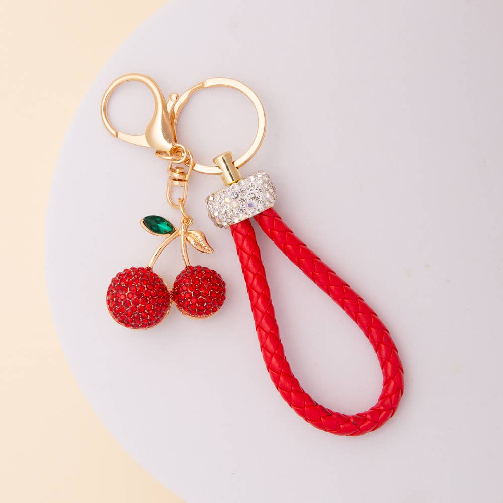 Cherry Keychain with Rope Handle and Rhinestone Embellished