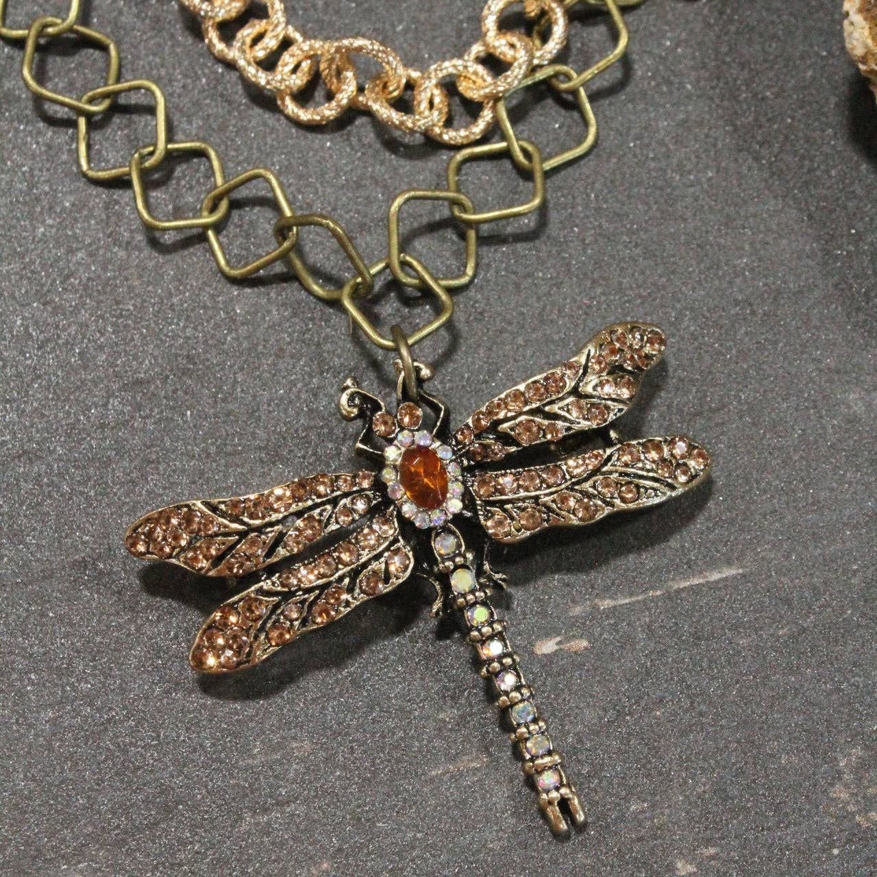 Golden Rod Dragonfly In Flight Layered Necklace