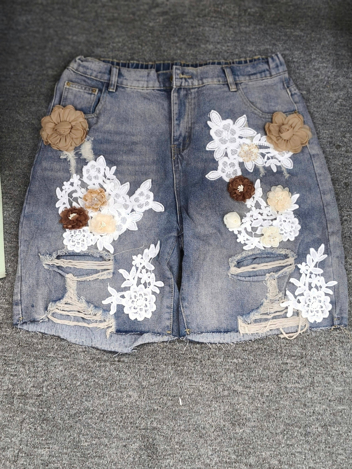 Floral Lace Embellished Denim Shorts
