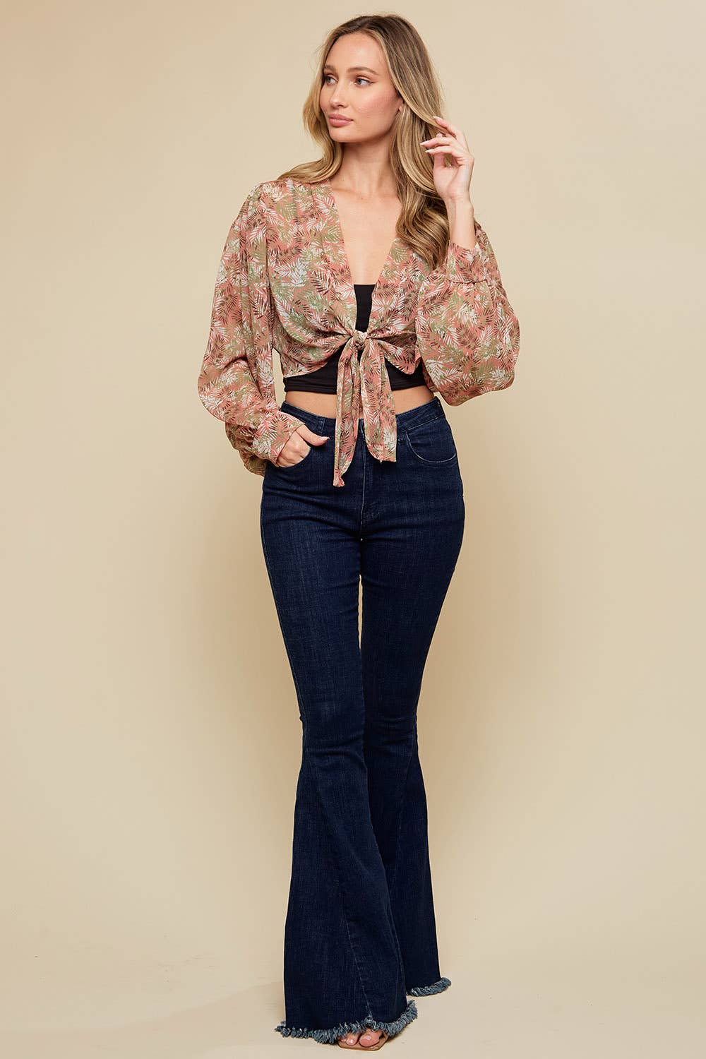BLUSH LEAF PRINT FRT TIE KIMONO W/ BALLOON SLEEVES