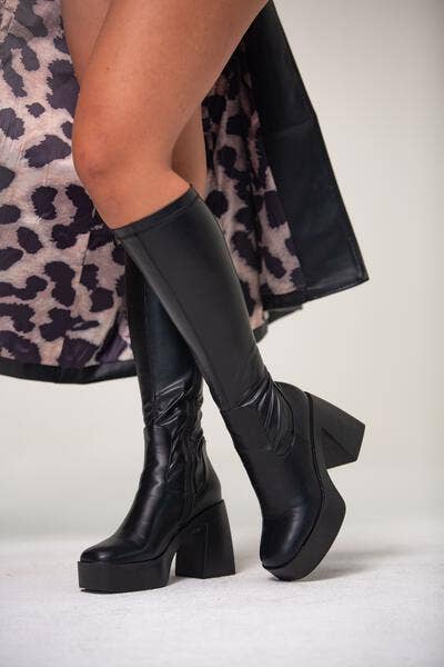 NASHLA-BLACK 4-WAY STRETCH PLATFORM HEEL KNEE HIGH BOOT