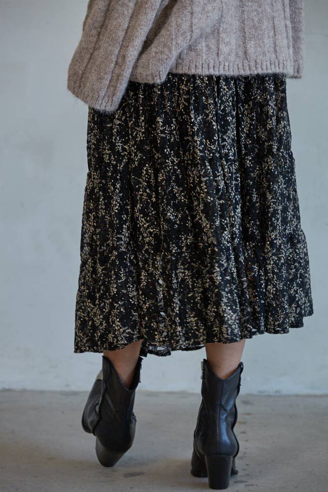 Woven Nylon Spandex Floral Lace Flare Midi Skirt