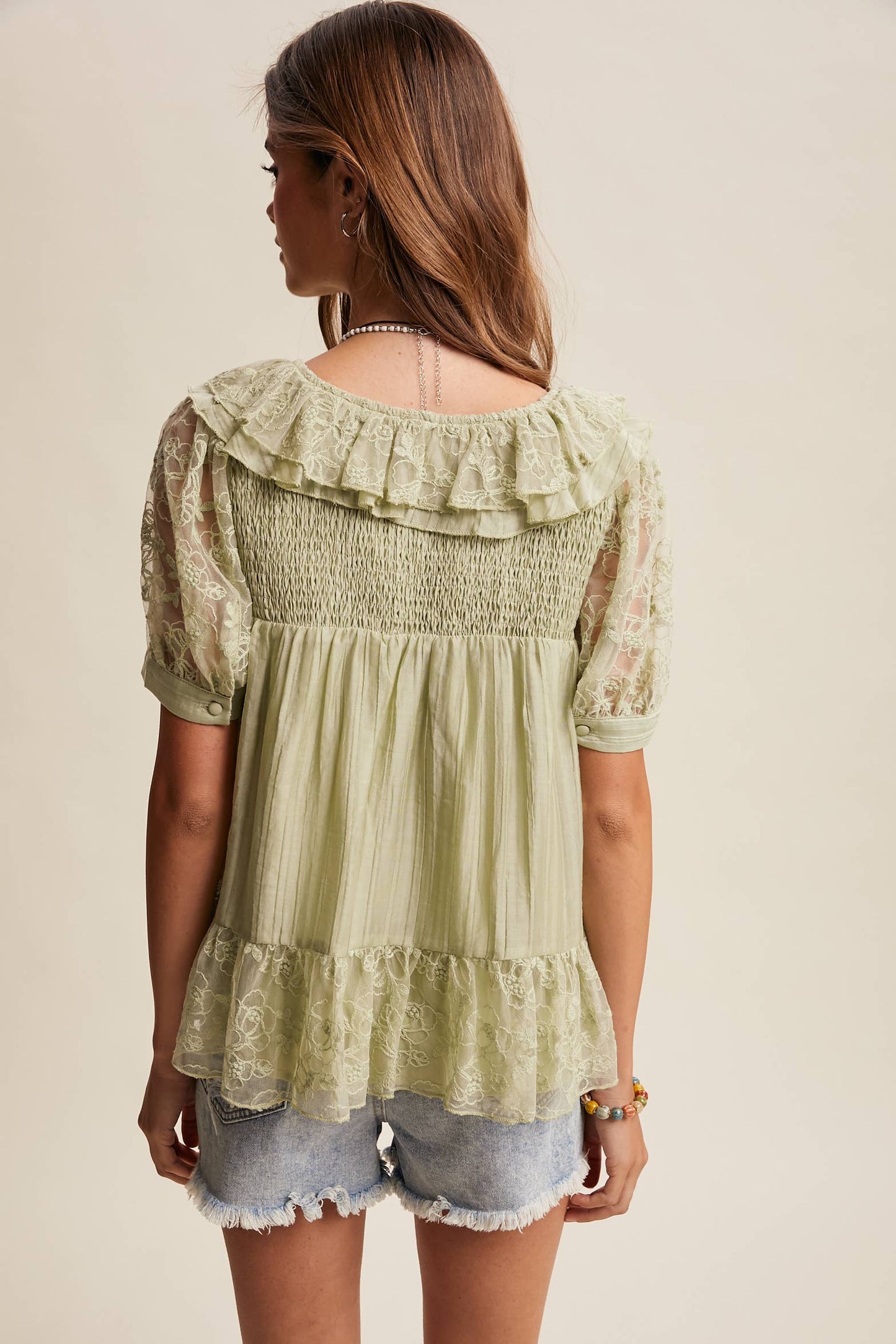 Lace Trim Ruffle Peplum Blouse