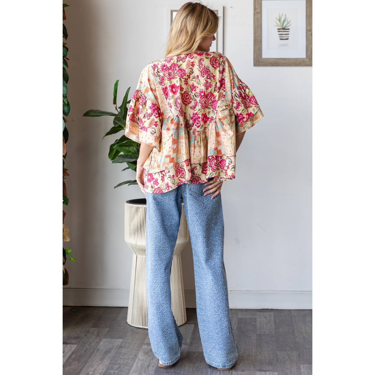 WASHED PRINTED RUFFLE DETAIL BLOUSE TOP