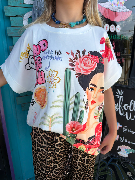 Frida Print Cotton T-Shirt Ecru