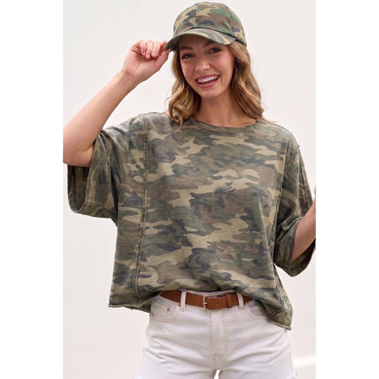 Camo Washed Loose Fit Sweatshirt Top