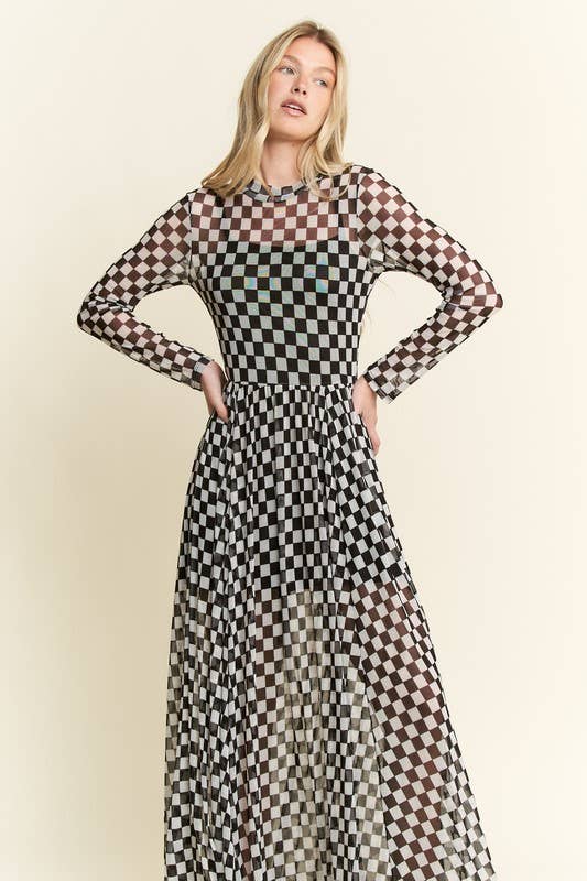 BLACK CHECKER PRINT MAXI DRESS