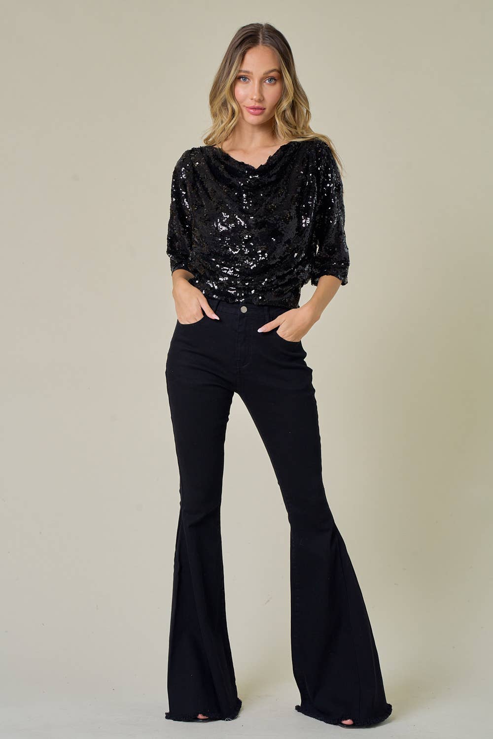 BLACK DROP SHOULDER HOLIDAY SEQUIN TOP