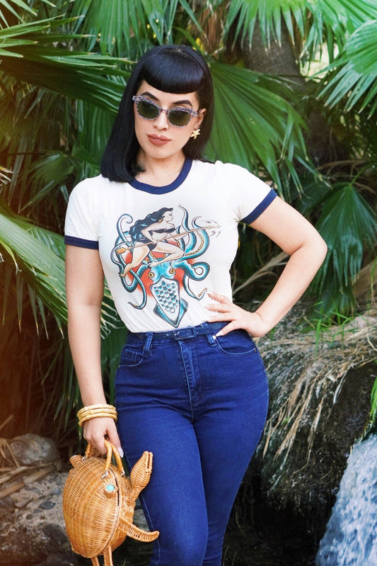 Daughter of the Kraken Fitted Ringer Tee in Natural/Navy