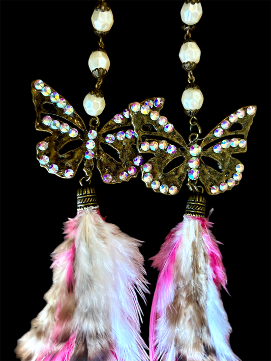 Pink Crystal Butterfly Feather Earrings