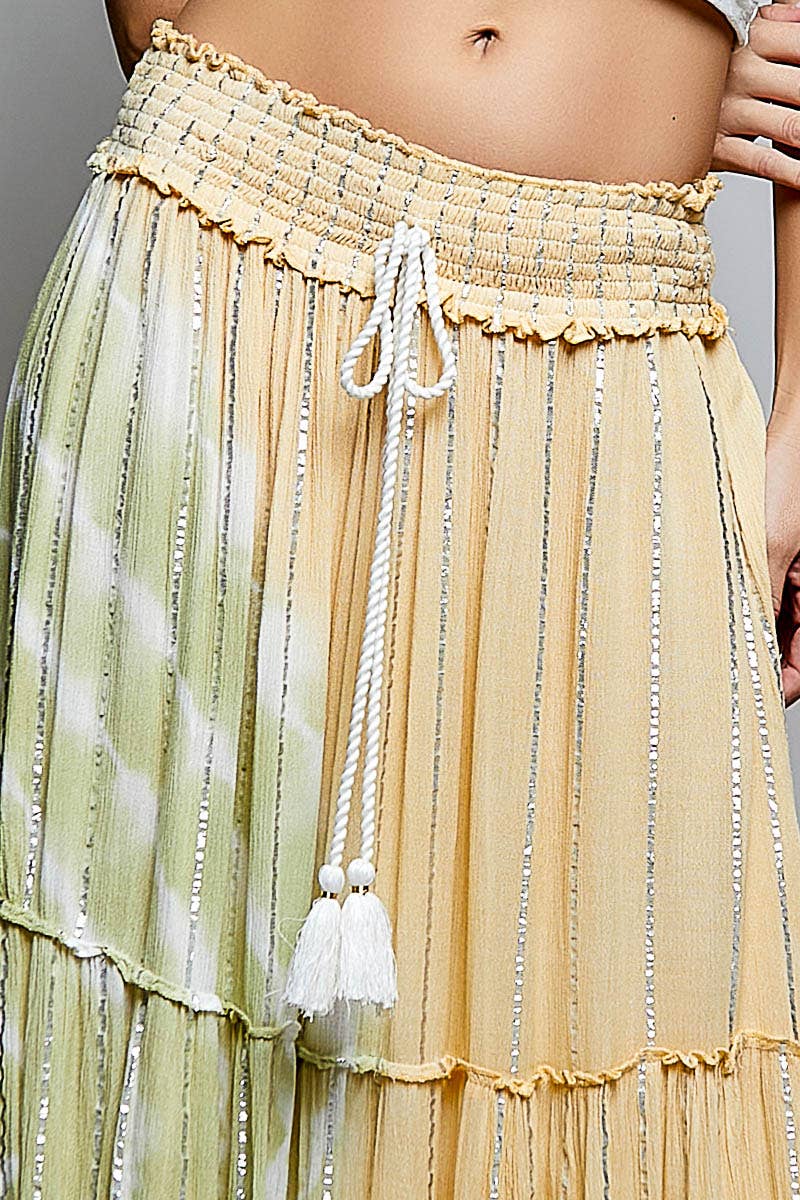 Smocked Waist Tassel Tie Tiered Maxi Skirt