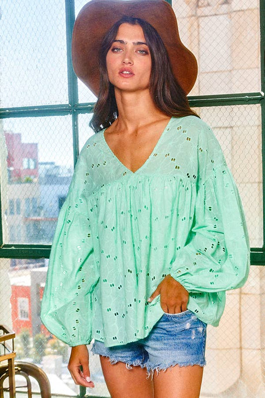 Puff Sleeve Eyelet Lace Babydoll Tunic Top