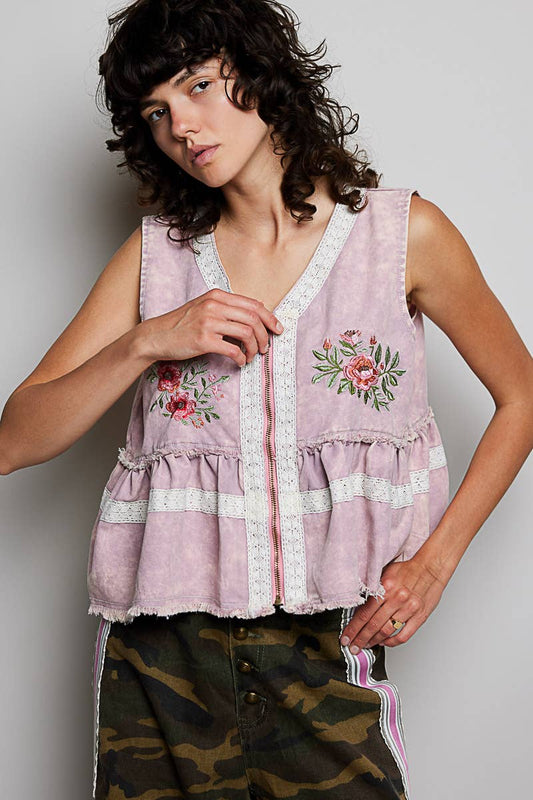 Embroidered Raw Edge Vintage Washing Twill Vest Jacket Top