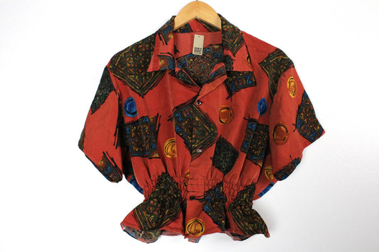 Vintage Short-Sleeve Button Up Blouse - Cinched