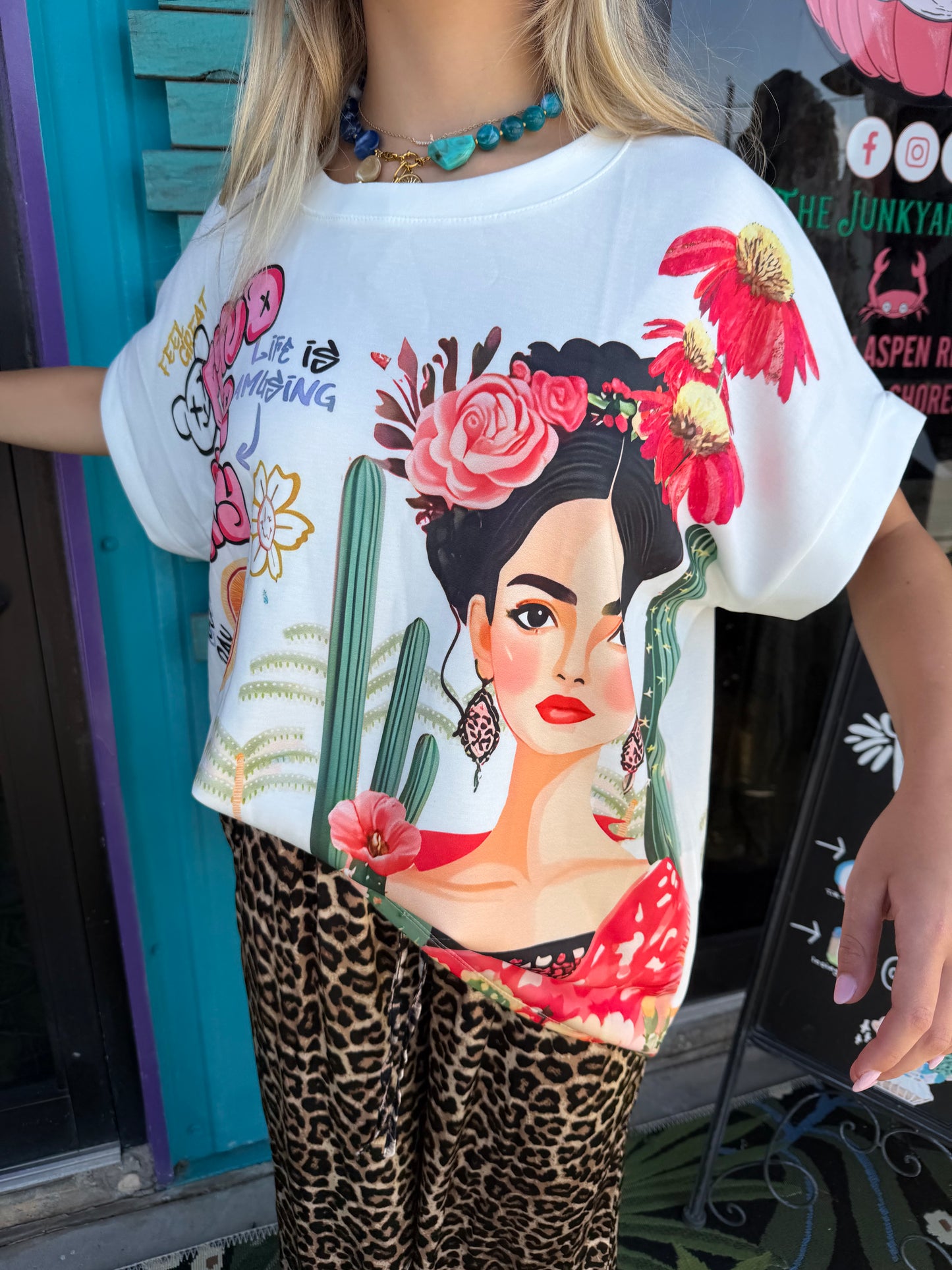 Frida Print Cotton T-Shirt Ecru
