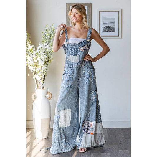 WASHED MULTI PATCHWORK TENCEL OVERALLS