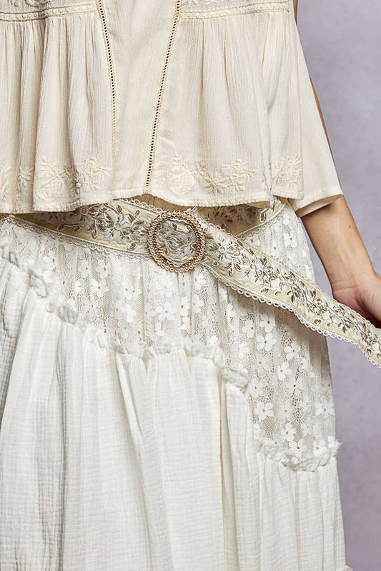 Embroidered Floral Lace Belt with Pearls