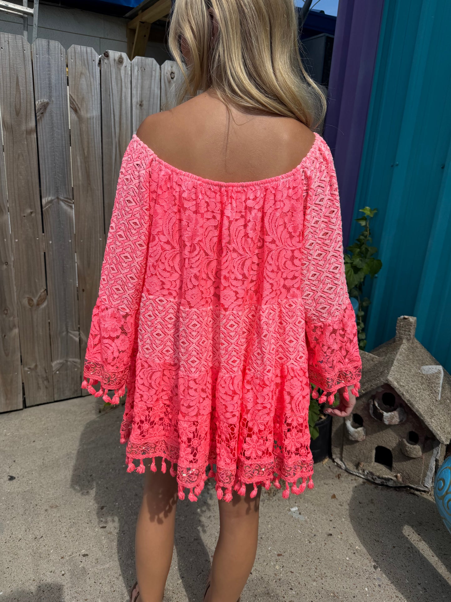 Boho Short Dress Lace Tassels — Pink