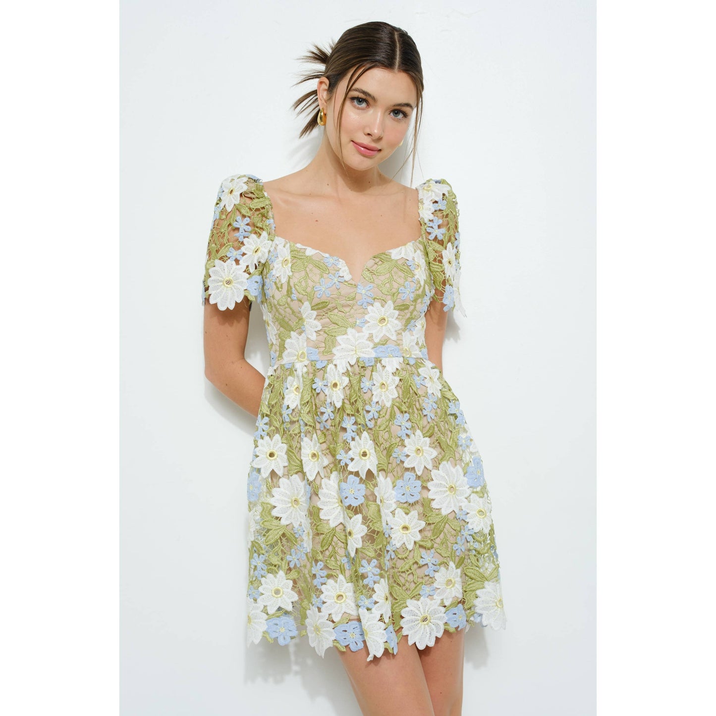 Floral Lace Puff Sleeve Embroidered Mini Dress
