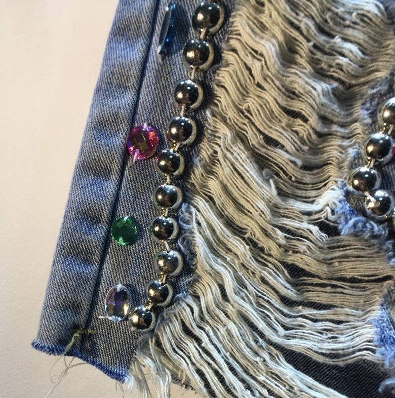 Beaded Rhinestone High Waist Distressed Denim Shorts