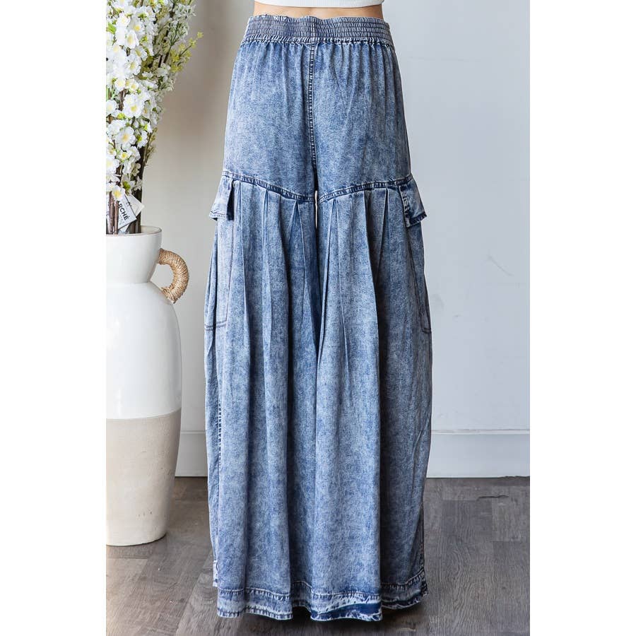 WASHED PLEATED WIDE LEG TENCEL PANTS