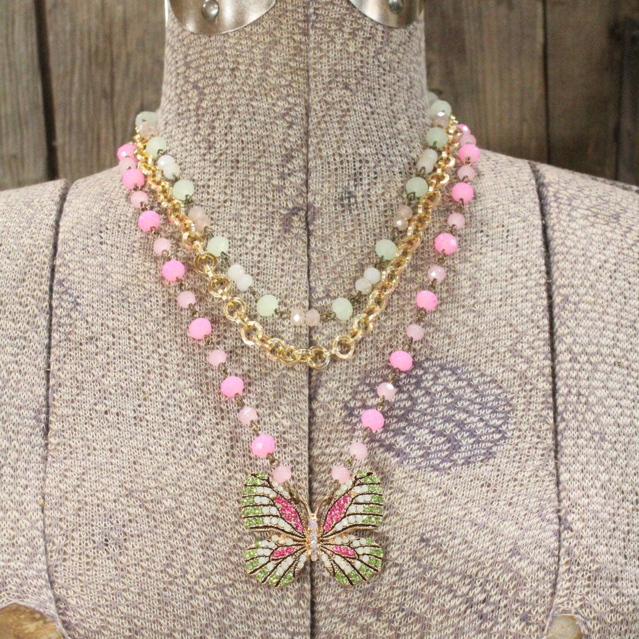 Pink Butterfly Layered Necklace