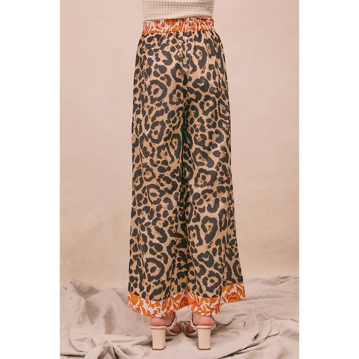 LEOPARD PRINT WITH CONTRAST BANDED WIDE PANTS