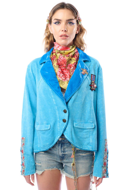 Vintage Teal Colonel French Terry Knitted Jacket - Blazer