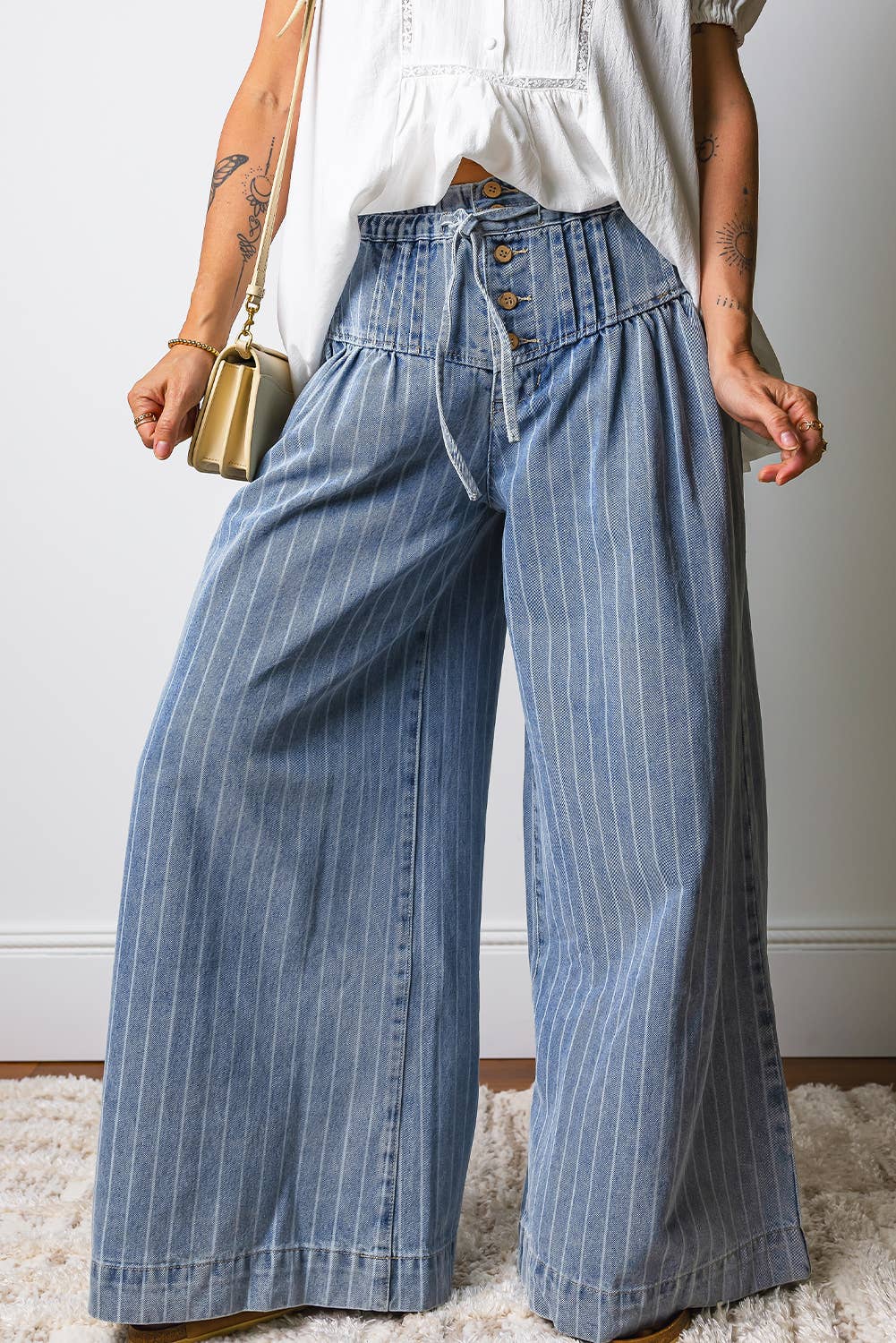 Stripe Button Pleated Drawstring Wide Leg Jeans