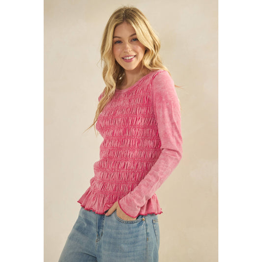 PINK SMOCKED PEPLUM LONG SLEEVE TOP
