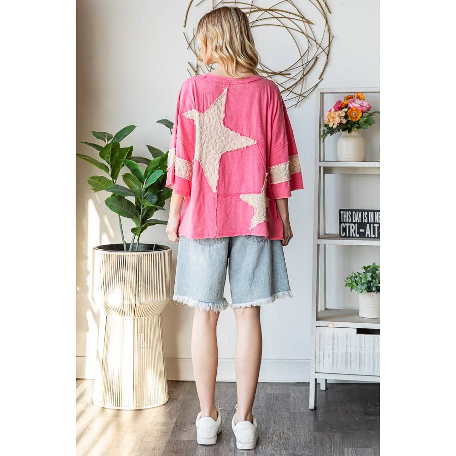 WASHED STAR PATCHWORK SHORT SLEEVE OVERSIZED TOP