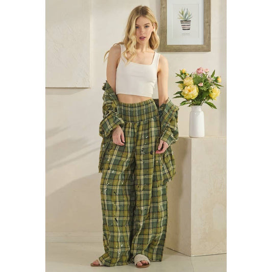 WASHED PLAID SMOCKED WAIST WIDE LEG PANTS