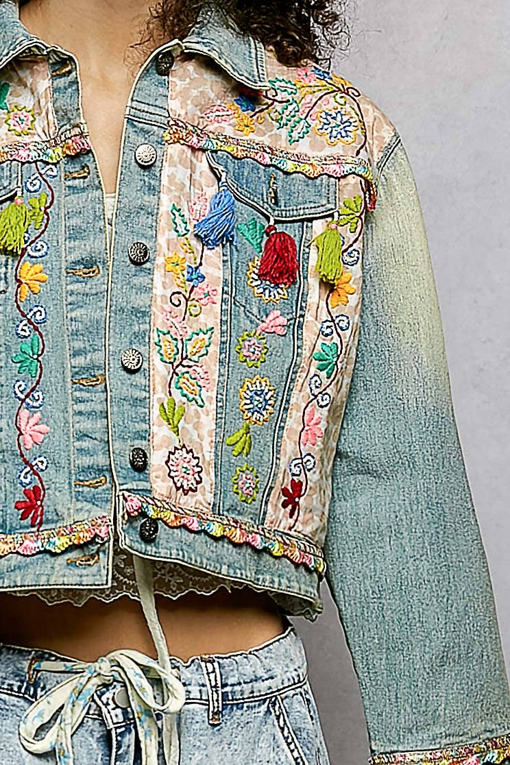 Floral Embroidery Lace Trim Tassel Denim Jacket