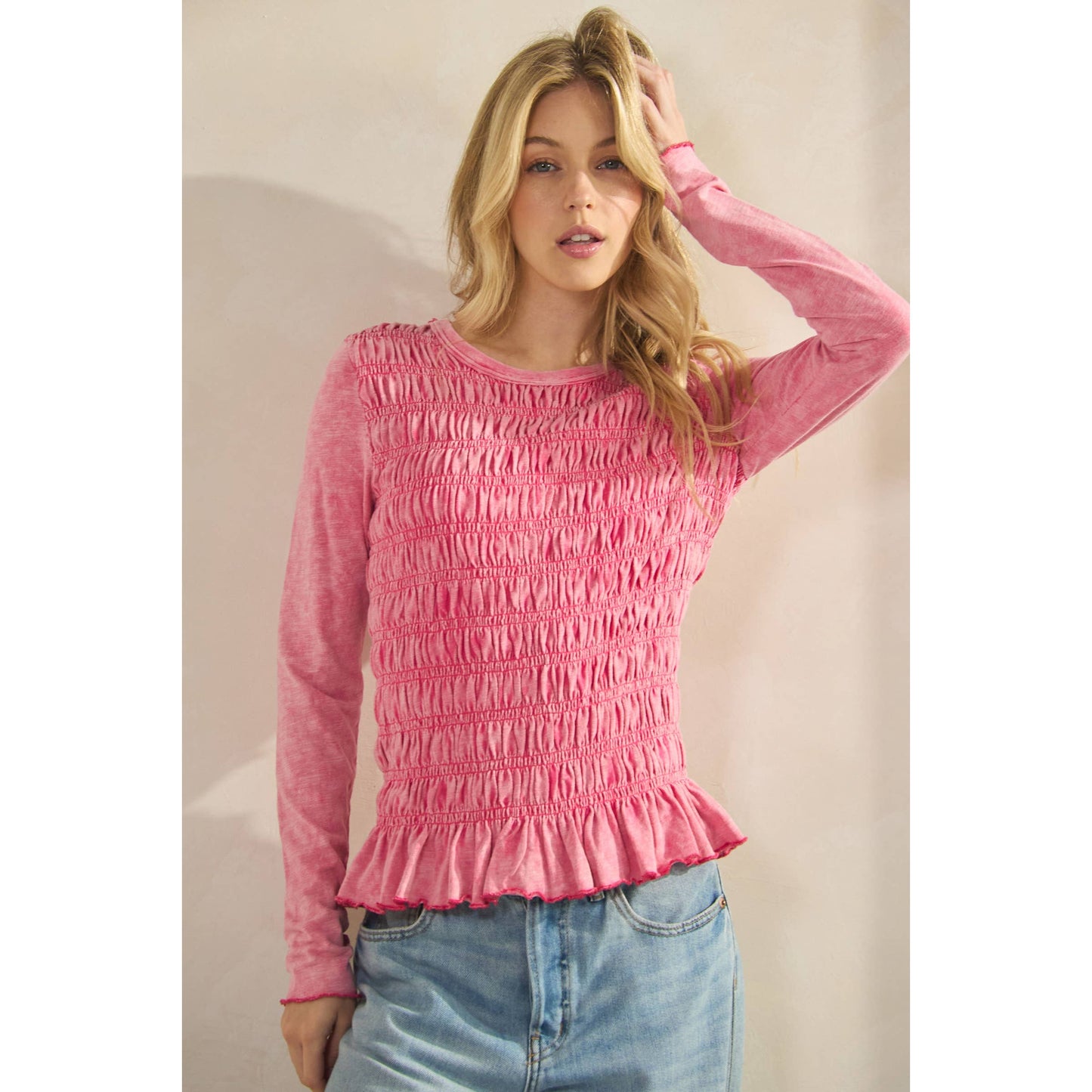 PINK SMOCKED PEPLUM LONG SLEEVE TOP