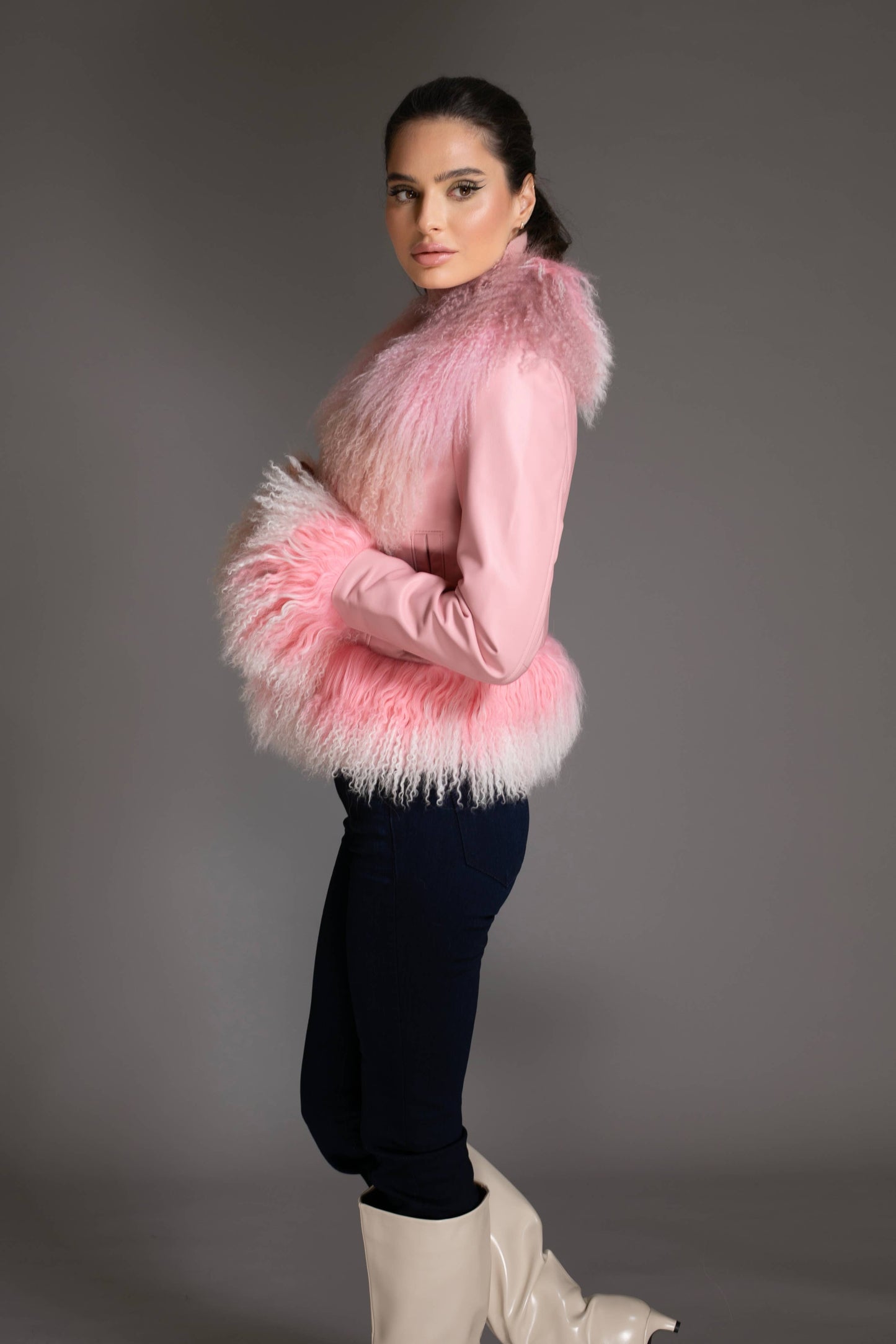 Pink Ombre Leather Jacket with Mongolian Wool Collar