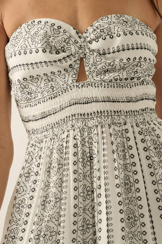 Abstract-Print Strapless Wide-Leg Tiered Ruffle Jumpsuit