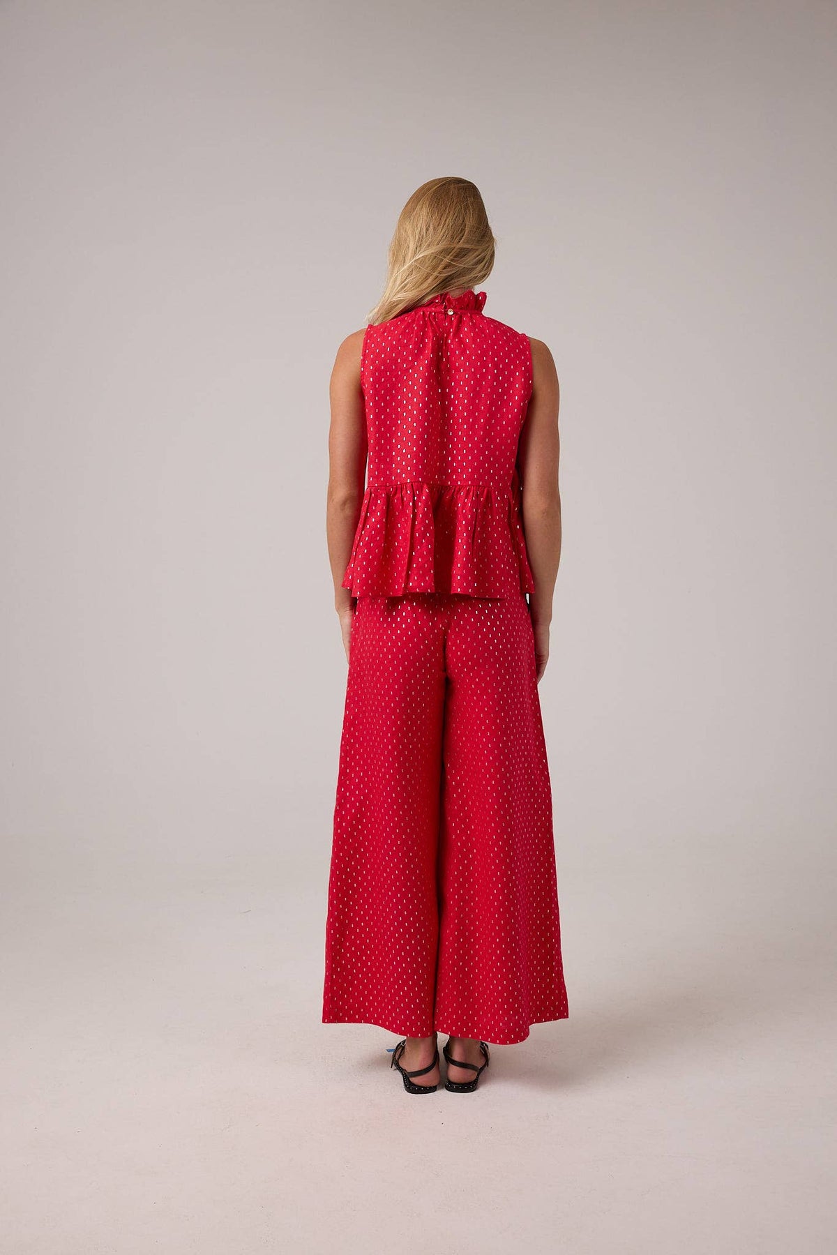 Daisy Linen Top - Red with Silver