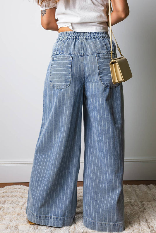 Stripe Button Pleated Drawstring Wide Leg Jeans