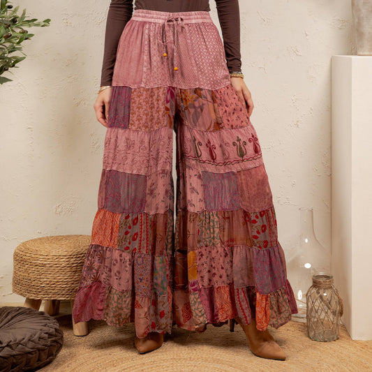 Boho Artisan Tiered Patchwork Wide-Leg Pants