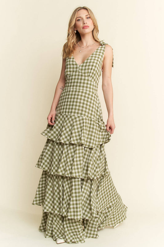 GREEN GINGHAM TIERED MAXI DRESS