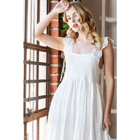 WHITE SMOCKED EYELET SLEEVELESS WIDE LEG JUMPSUIT