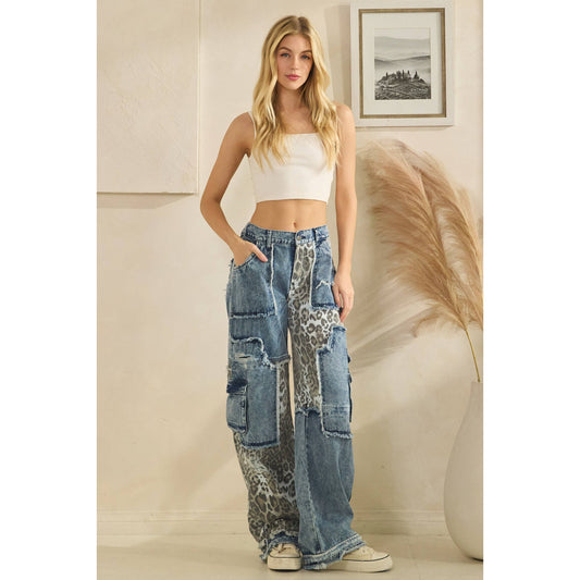 WASHED LEOPARD PRINT DENIM JEANS