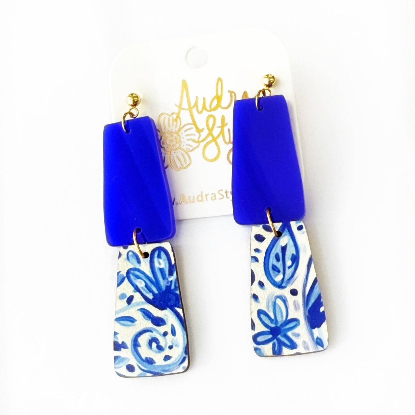 Grace Dangle Spring Summer Geometric Statement Earring - Blue White Floral