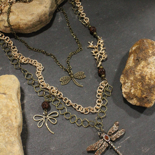Golden Rod Dragonfly In Flight Layered Necklace