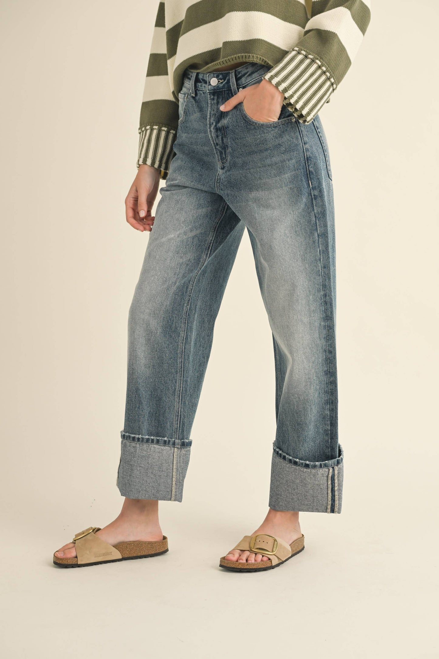 STRAIGHT LEG CUFFED HEM DENIM JEANS