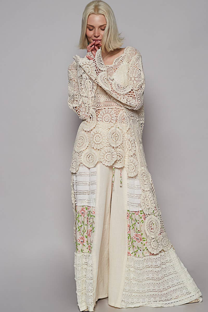 Round neck long sleeve elongated crochet top