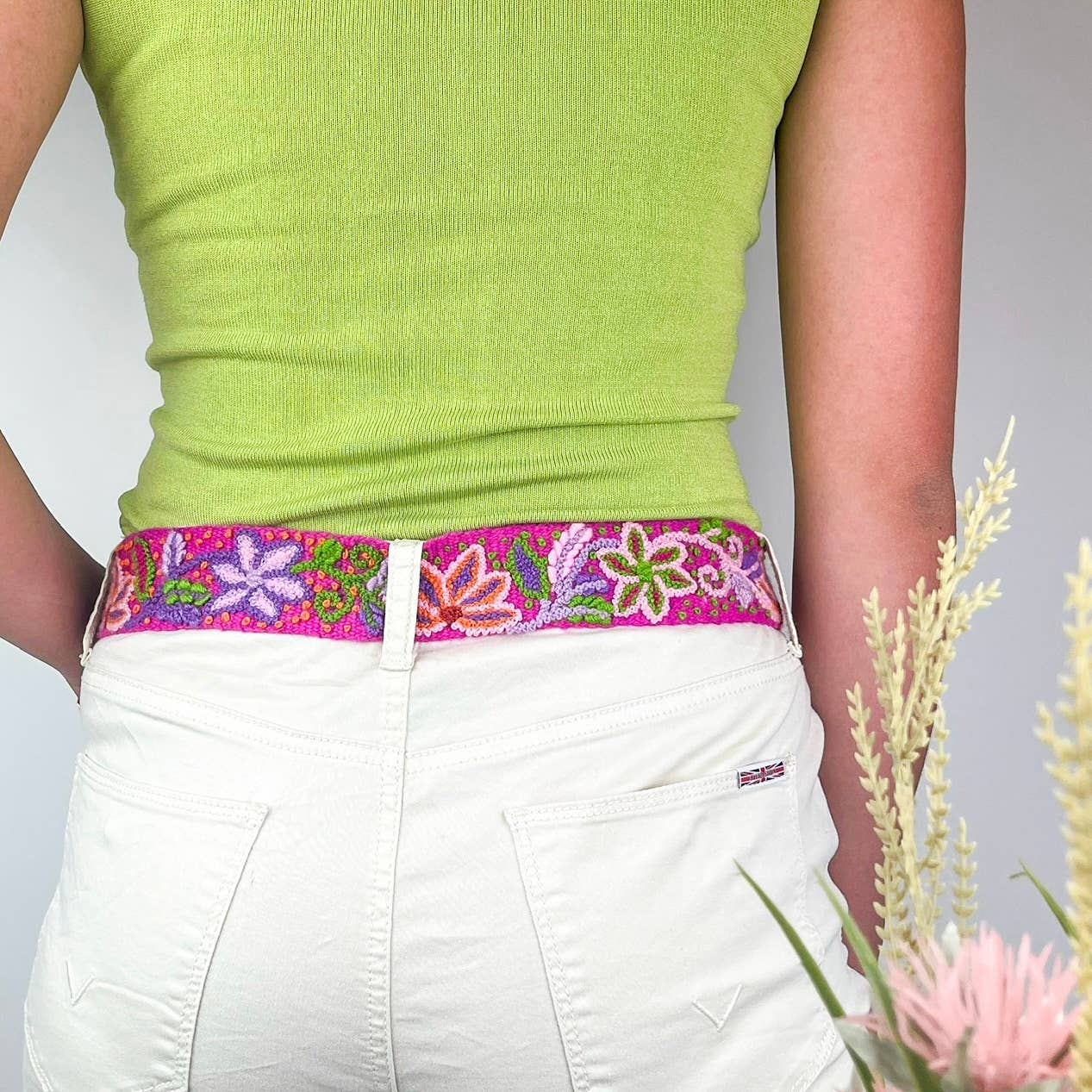 Pink Amaryllis Wide Embroidered Belt