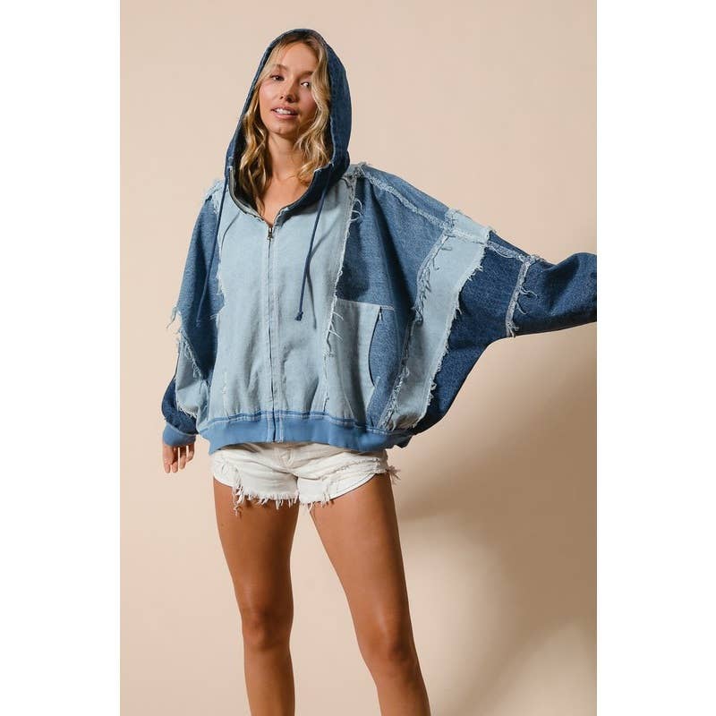 COLOR BLOCK WASHED DENIM ZIP UP HOODIE