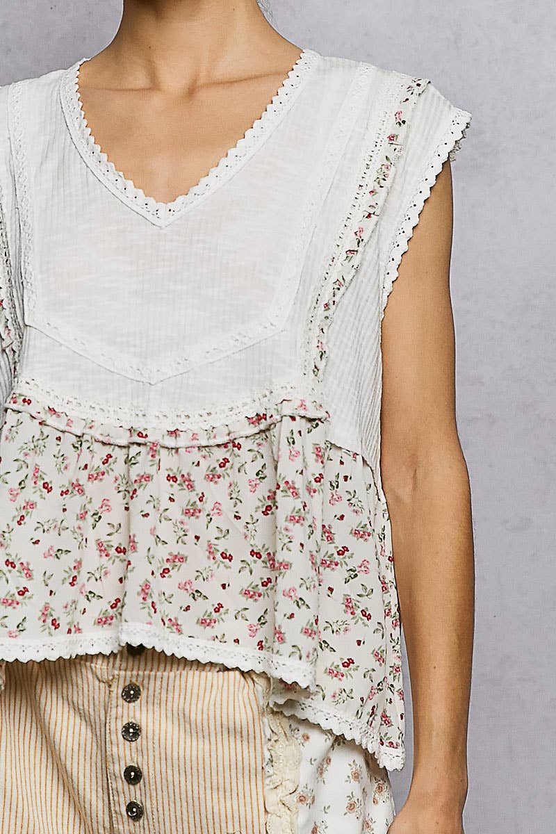 V-neck Floral Ruffle Sleeveless Top